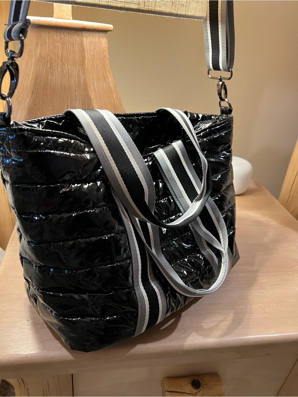 THINK ROYLN Black Quilted Tote with Striped Webbing Straps